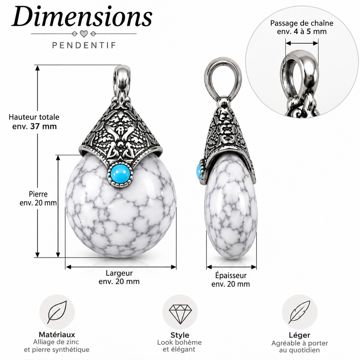 Pendentif goutte en résine style tibétain – 38 mm – blanc dimensions du produit
