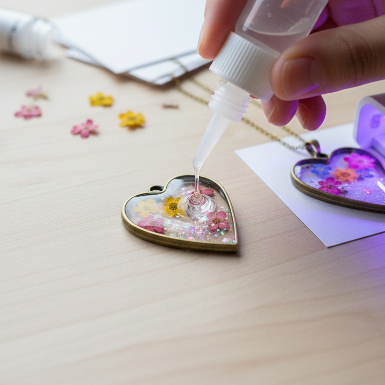 Creation bijou avec pendentif coeur creux open bezel et fleurs sechees en resine