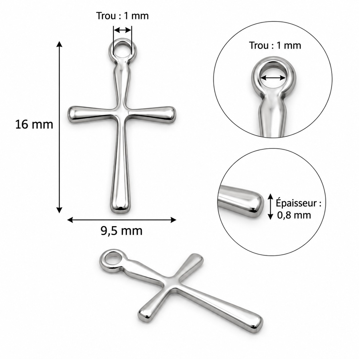 Pendentifs croix en acier inoxydable 304 – 16 x 9,5 mm – Lot de 10 dimensions
