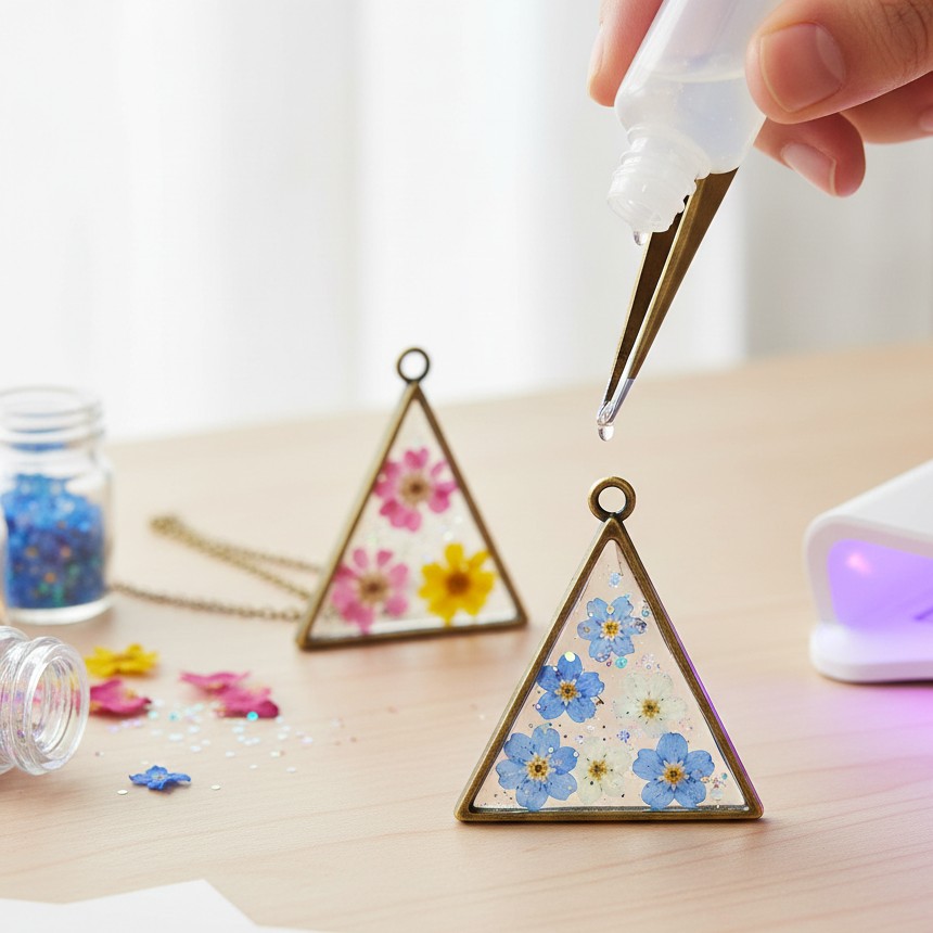 Pendentif triangle creux avec inclusion de fleurs et resine UV