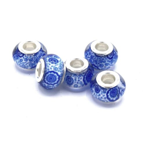 Perle  bracelet charms bleu porcelaine 14mm