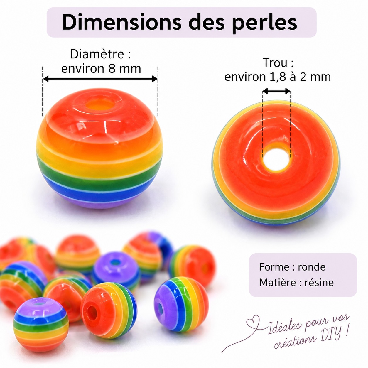 Perles arc-en-ciel ronde en résine 8mm dimensions