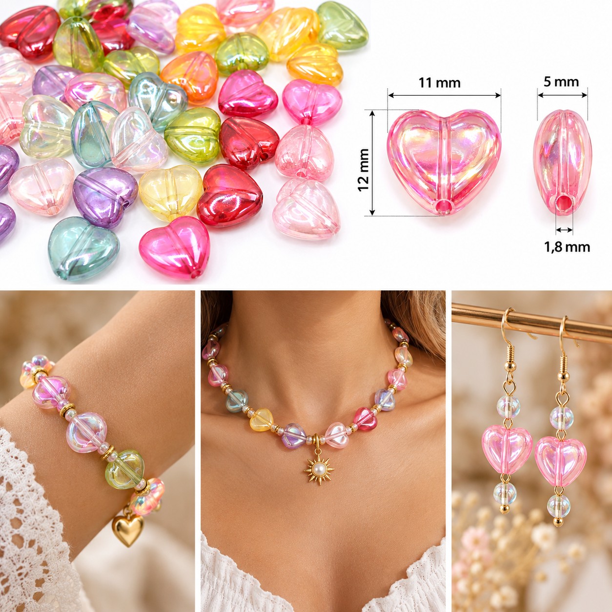 Perles cœur irisées et bijoux DIY 11mm