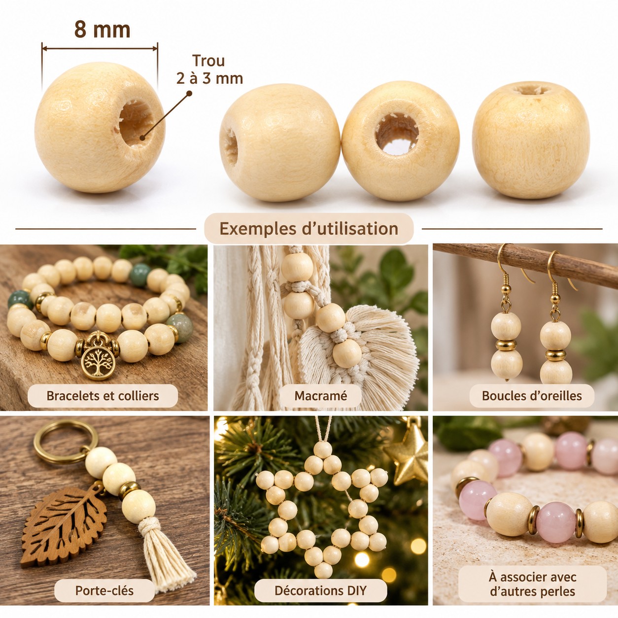 Perles en bois rondes 8 mm beige – x50, x100 ou x200 dimensions et utilisation