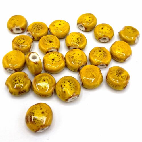 Perles en porcelaine émaillées palet jaune 10mm