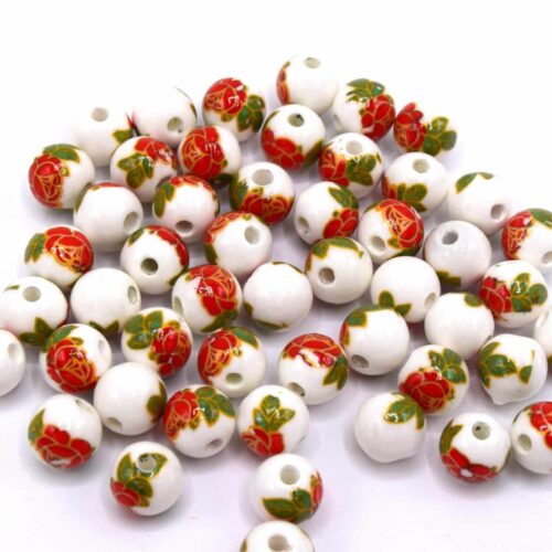 Perles en porcelaine imprimé fleurs rouges 8mm