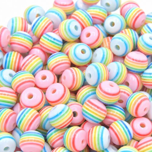 Perles résine ronde 8 mm à rayures pastel – Lot de 40
