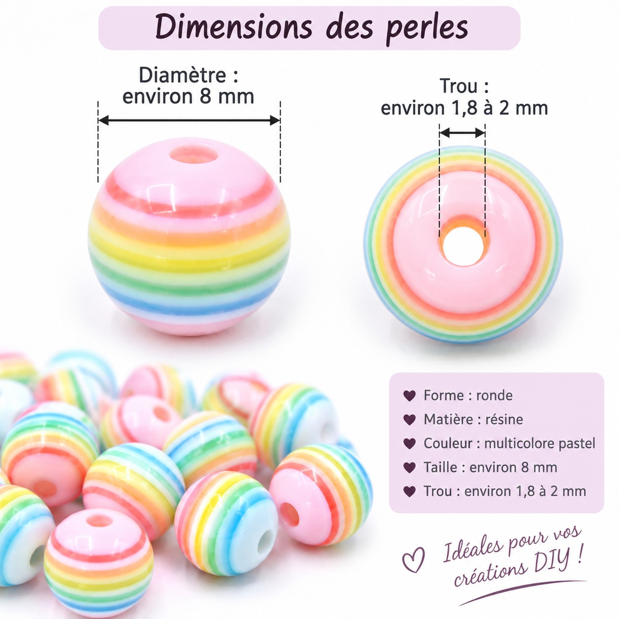 Perles résine 8 mm à rayures pastel – Lot de 40 dimensions