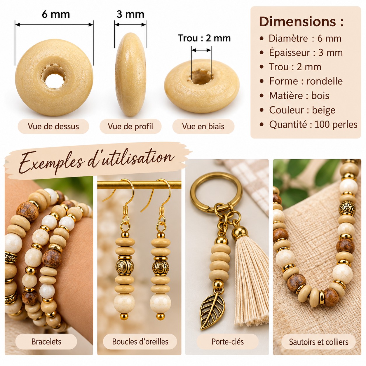 Perles intercalaires en bois beige 6 mm – dimensions et exemples d’utilisation