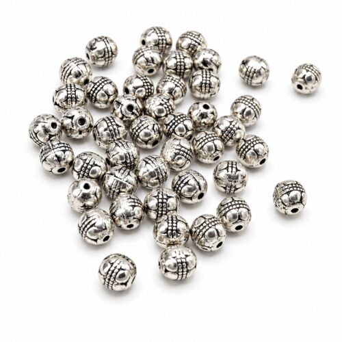 Perles métalliques argentées gravées rondes pour bijoux diy