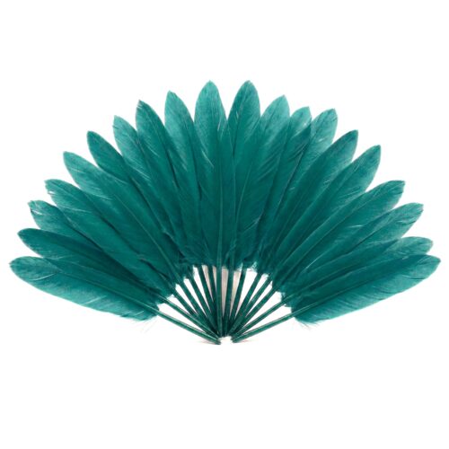 Plumes d'oie naturelles vert sapin disposées en éventail sur un fond blanc, mettant en avant la couleur profonde et la structure élégante des plumes pour la création d'accessoires