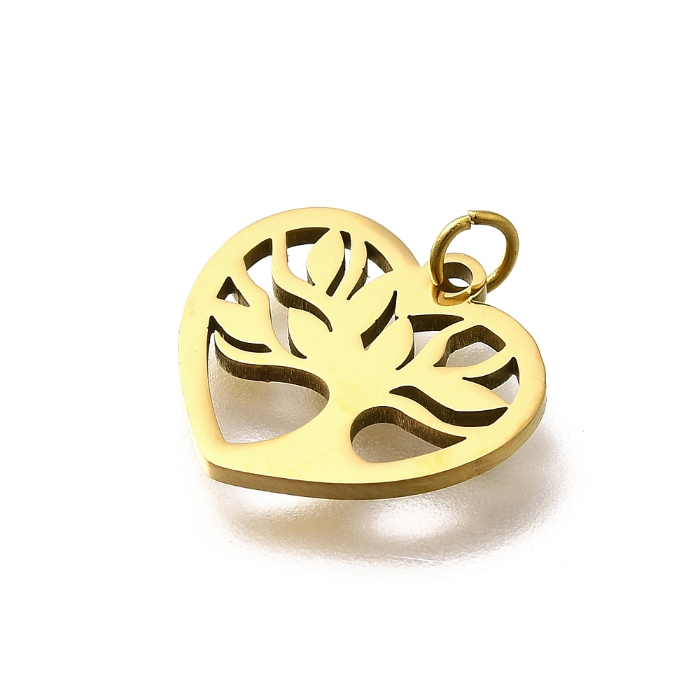 Vue de profil d'une breloque arbre de vie acier inoxydable doré épaisseur 1mm.
