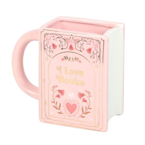 Tasse rose en forme de livre « J’aime les livres »