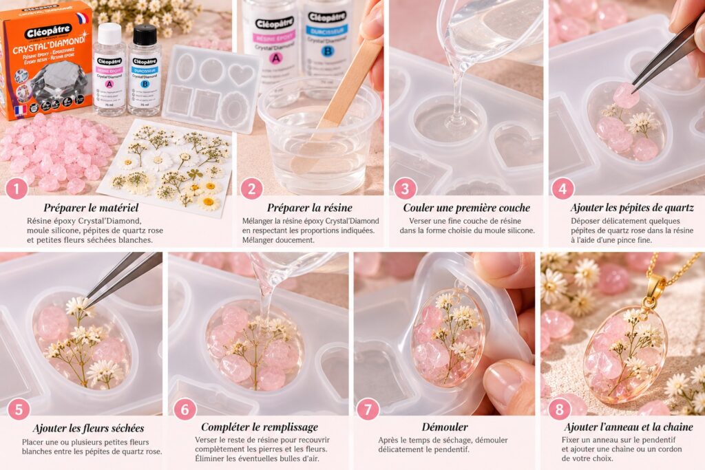Fabrication étape par étape d’un pendentif en résine époxy avec quartz rose et fleurs séchées