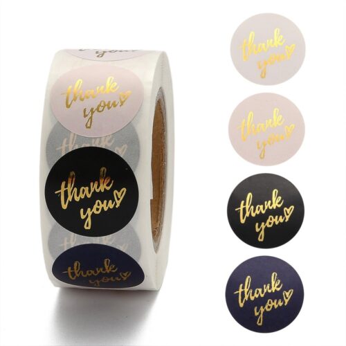 Rouleau de 500 Etiquettes autocollantes rondes "Thank you" rose et noir