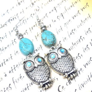 boucles d'oreilles hibou perles turquoises ETHNICFEATHER