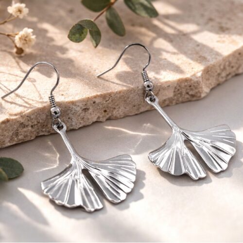 Boucles d’oreilles Ginkgo acier inoxydable argenté 6 cm sur pierre