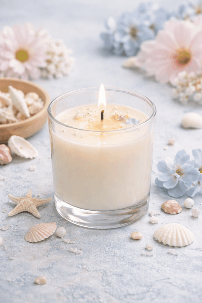 Bougie DIY en cire de soja avec coquillages et fleurs, ambiance naturelle bleu clair