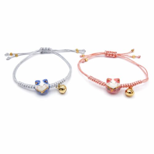 Bracelet Chat Maneki-Neko-ceramique-rose et bleu-kawaii-reglable fond blanc
