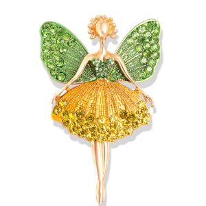 Broche fée jaune et verte, en strass avec des ailes de papillons, danseuse