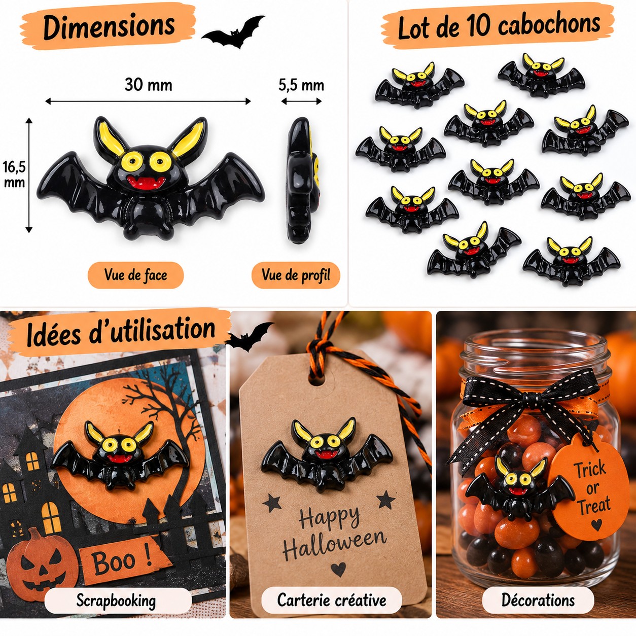 cabochon chauve souris noir souriante en résine utilisation et dimensions