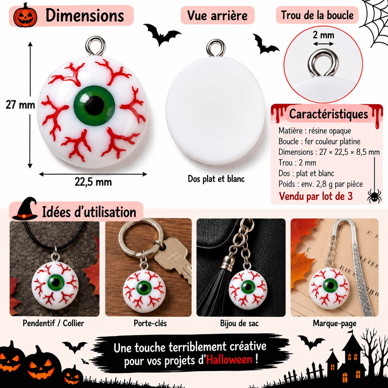 cabochon résine breloque oeil injecté de sang utilisation bijoux DIY