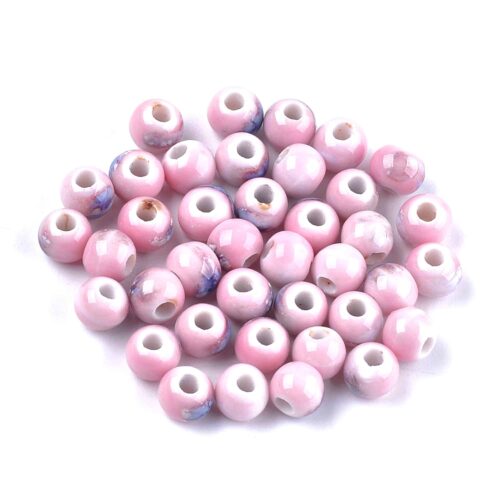 Perles en porcelaine émaillées rondes rose 6mm