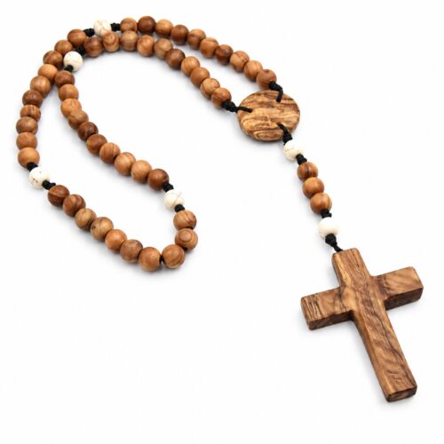 Chapelet Artisanal en Bois d’Olivier Corse et Howlite rosaire de prière