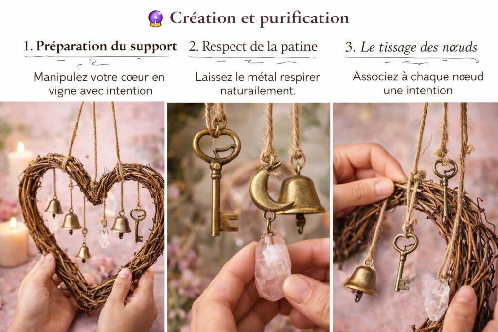 Détails du carillon de l’amour avec cloches en bronze, clés anciennes, lunes et quartz suspendus à des cordes de lin.