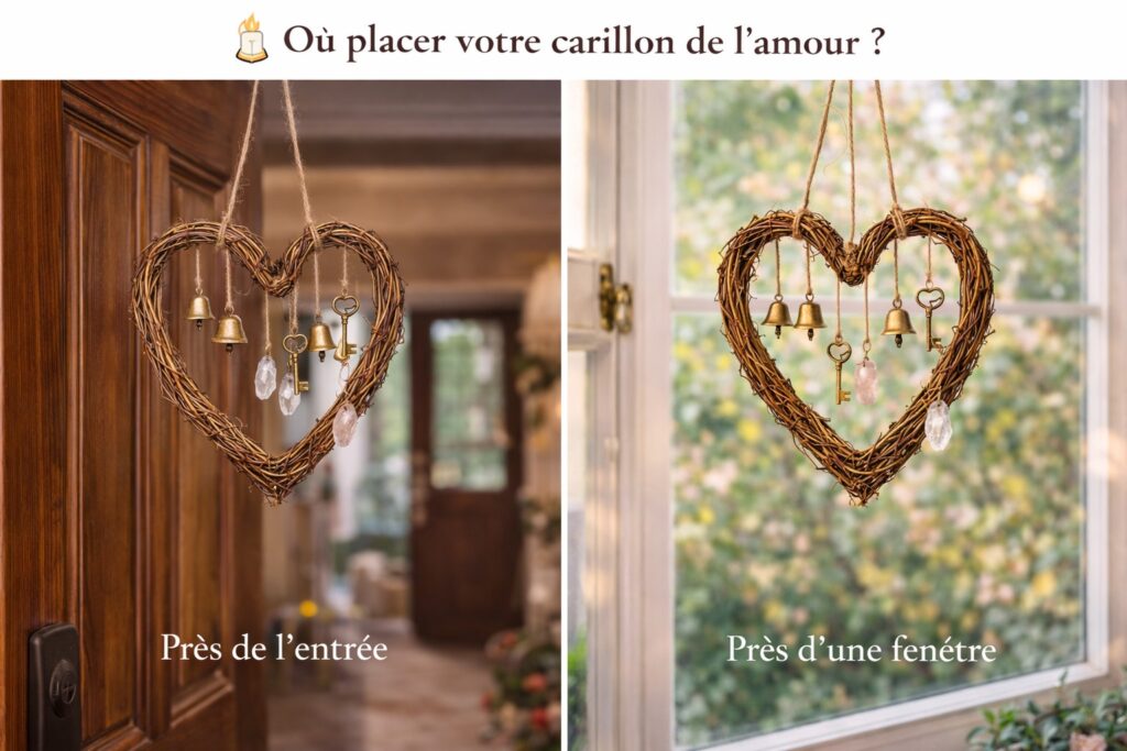 Carillon de l’amour accroché près d’une fenêtre pour diffuser les intentions d’amour au rythme du vent.