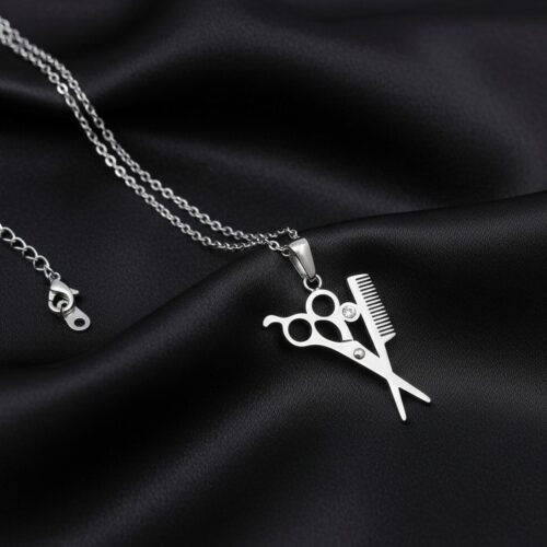 collier pendentif acier inoxydable ciseaux et peine coiffeur
