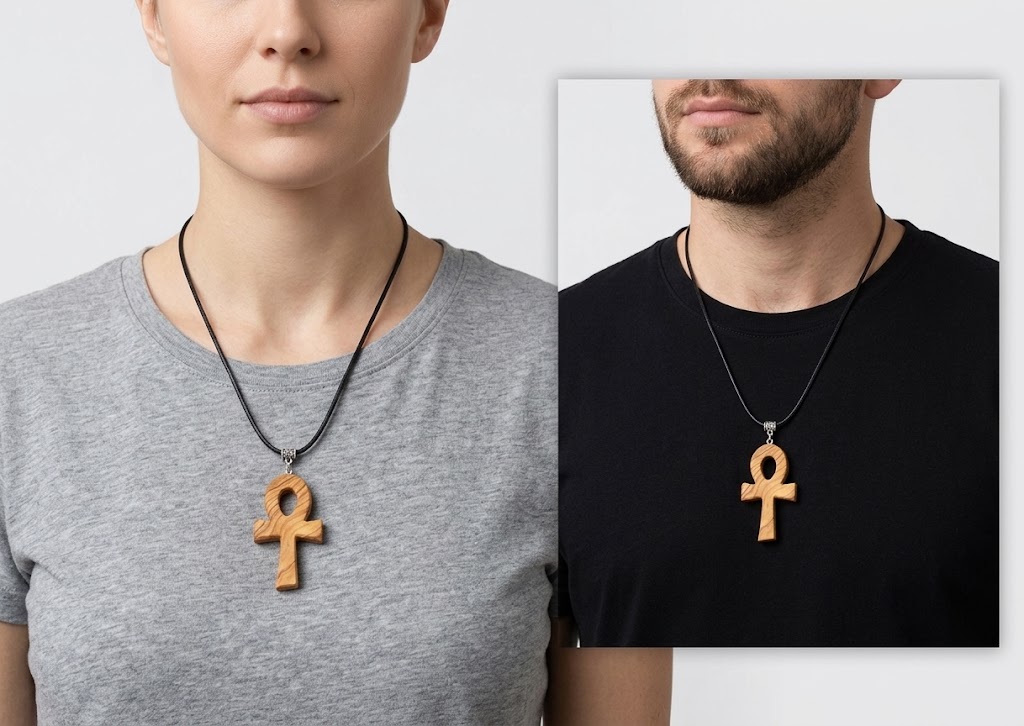 collier pendentif croix d'isis en bois d'olvier fait main artisanat français fond blanc porté par une femme et un homme mixte