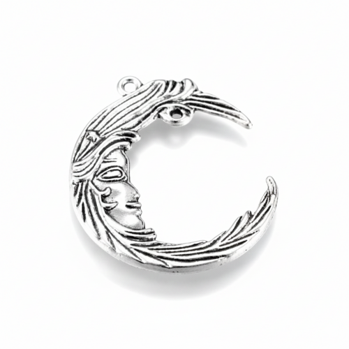 Pendentifs connecteur demi-lune, croissant de lune argent antique posé sur bois rustique avec perles naturelles