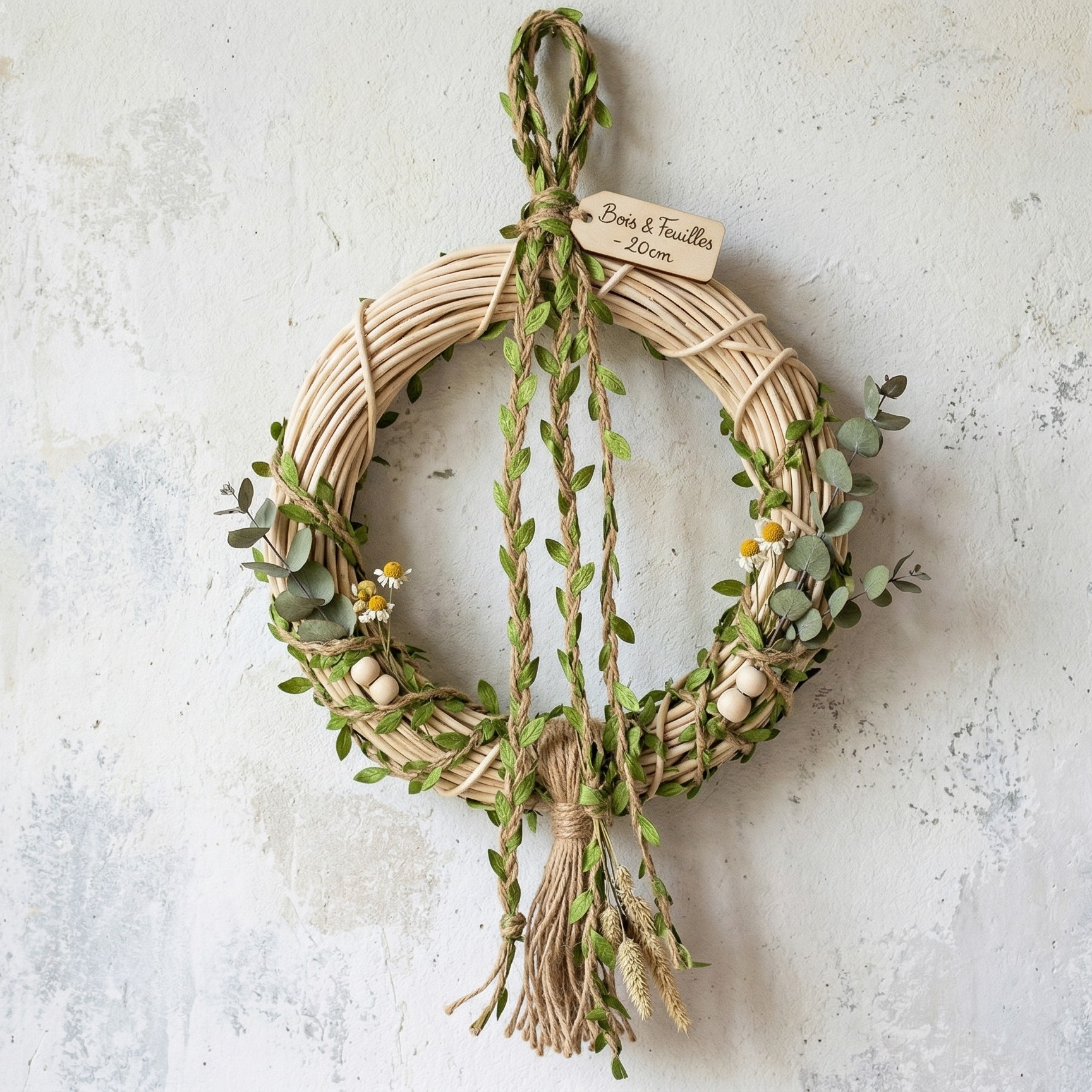 couronne Couronne de décoration rotin blanc et cordon de chanvre feuille tissu pour baptème et mariage champètre Couronne de décoration rotin blanc et cordon de chanvre feuille tissu pour baptème et mariage champètre
