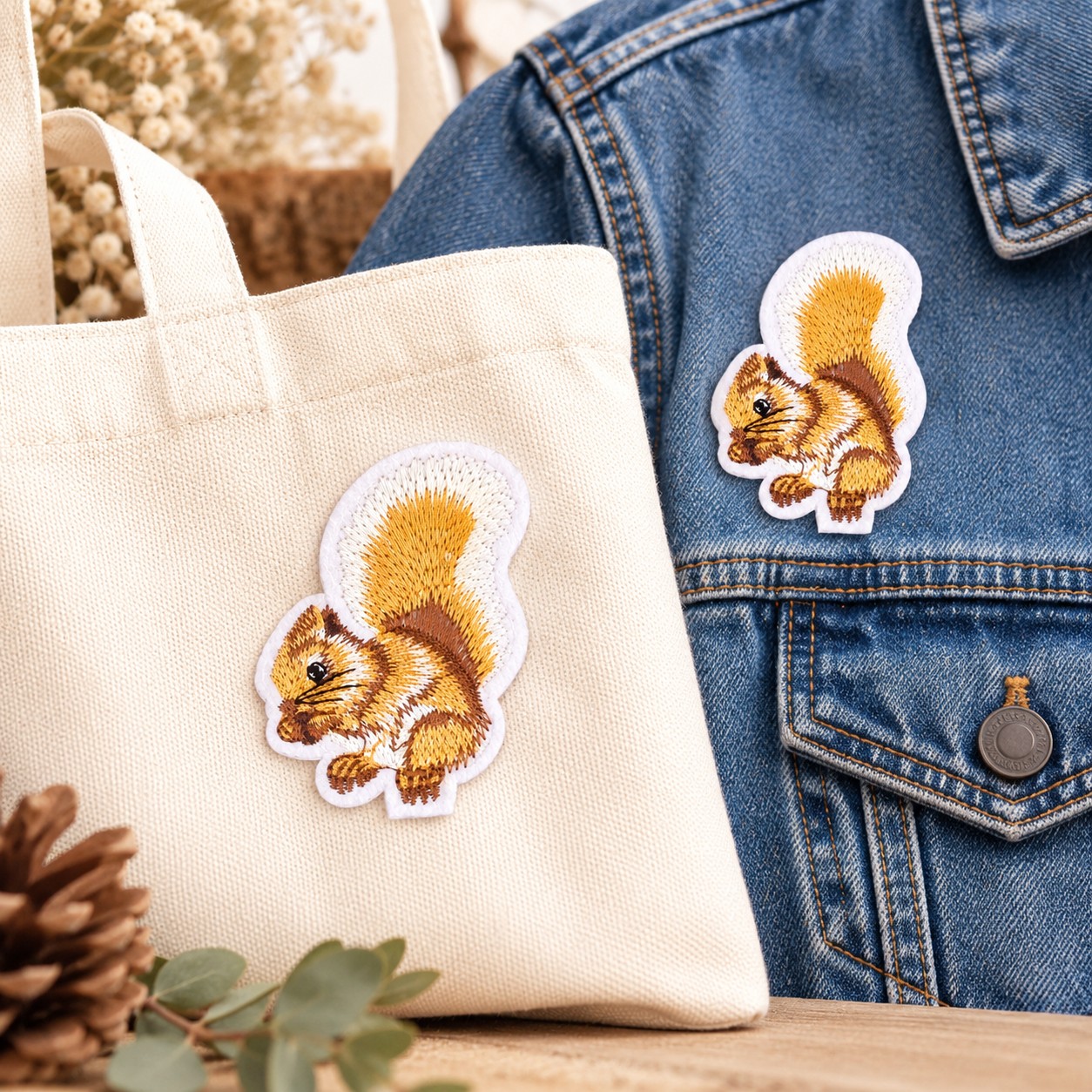 deux écussons écureilles brun doré sur toile et denim