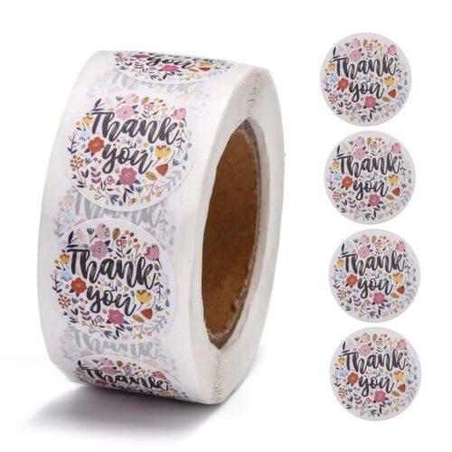 Rouleau de 500 Etiquettes autocollantes rondes "Thank you" fleuris