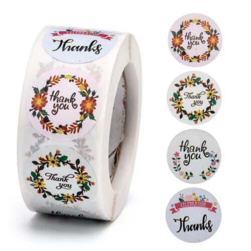 Rouleau de 500 Etiquettes autocollantes rondes "Thank you" fleurs printemps
