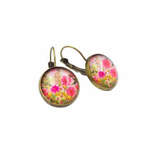 Boucles d'oreilles dormeuses cabochon en verre "Fleurs de Printemps
