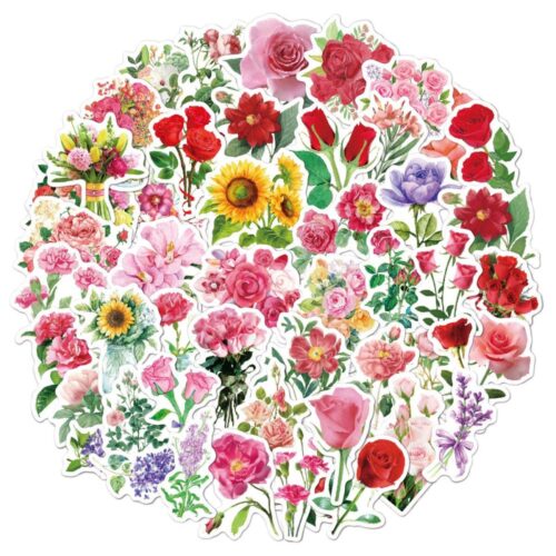 Autocollants thème fleurs multiples rose et rouge