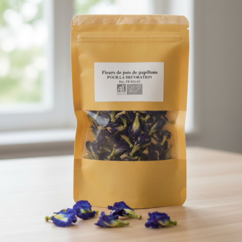 Sachet de fleurs de pois de papillon bio avec fenêtre transparente montrant la qualité des fleurs séchées.