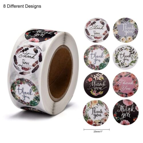 Rouleau de 500 Etiquettes autocollantes rondes "Thank you" fleurs et plumes