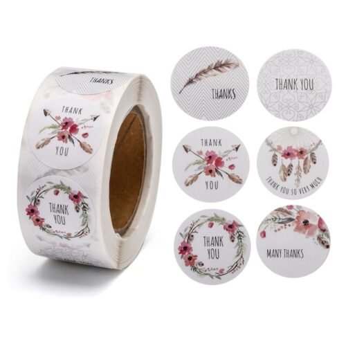 Rouleau de 500 Autocollants ronds merci fleurs