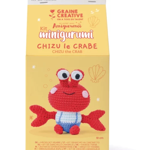 Kit complet pour réaliser Chizu le crabe en crochet amigurumi avec fils et accessoires.