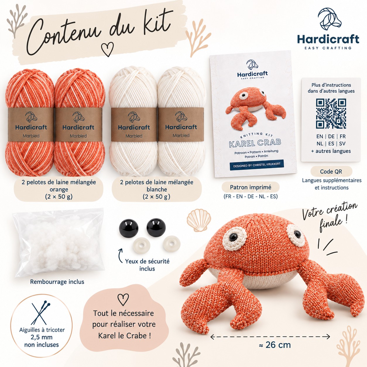 kit tricot karel le crabe hardicraft détail du kit