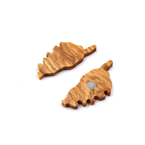 Magnet Corse en Bois d'Olivier, lot de deux, montrant la face avant (veinage) et le dos avec l'aimant de fixation.