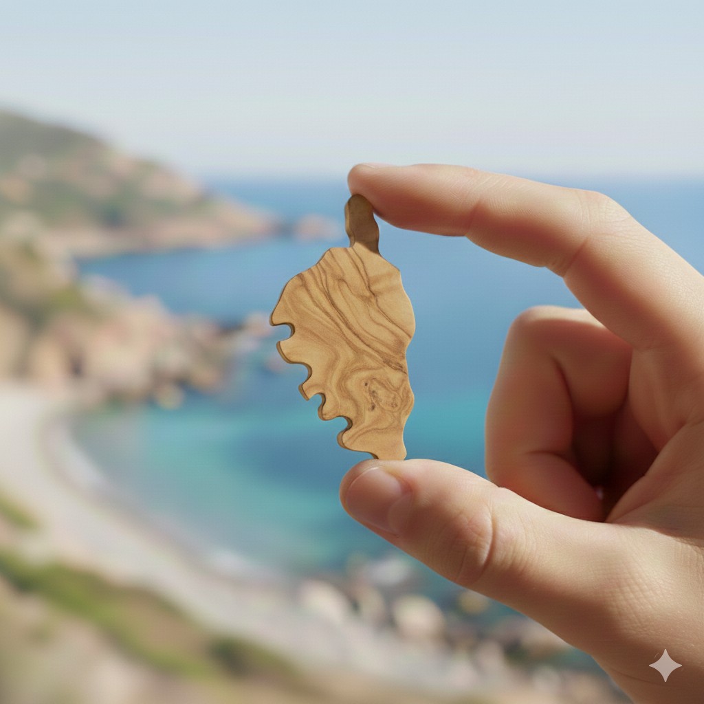 magnets en bois d'olivier en forme de Corse, vue de face, mettant en valeur les motifs naturels du bois.