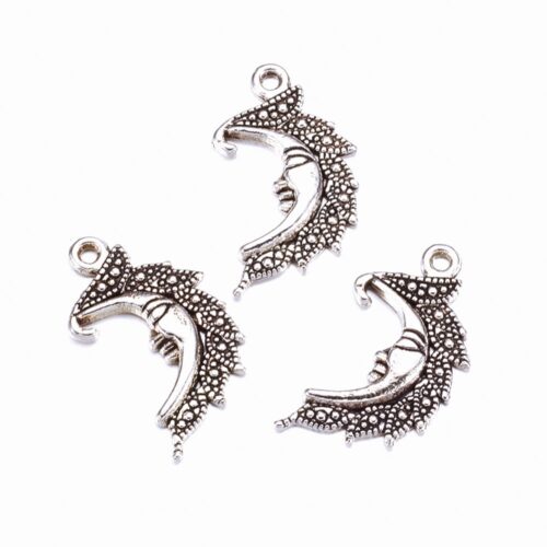Breloques croissant de lune visage en alliage argent vieilli