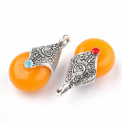 Pendentif orange en résine forme goutte argent antique 28mm