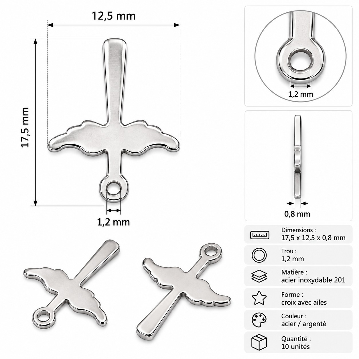 pendentifs croix avec ailes en acier inoxydable 201 dimensions et caractéristique du produit