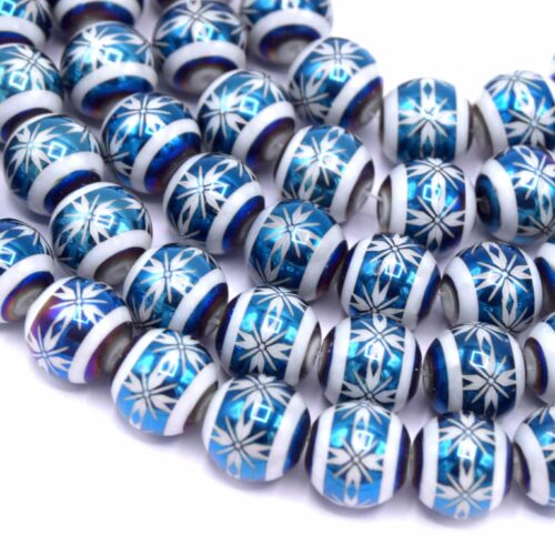 Perles de verre ronde 10mm boule de noël bleu imprimé étoile